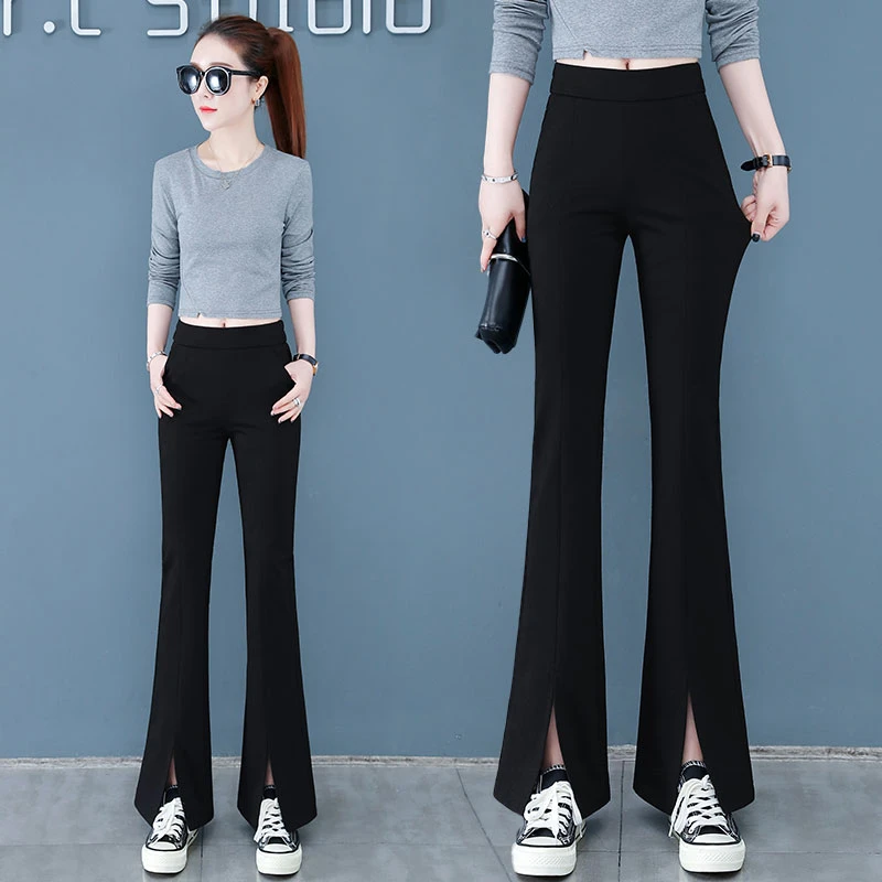 前喇叭裤女2025春秋季新款高腰显瘦松紧裤垂感弹力加绒黑色微喇裤