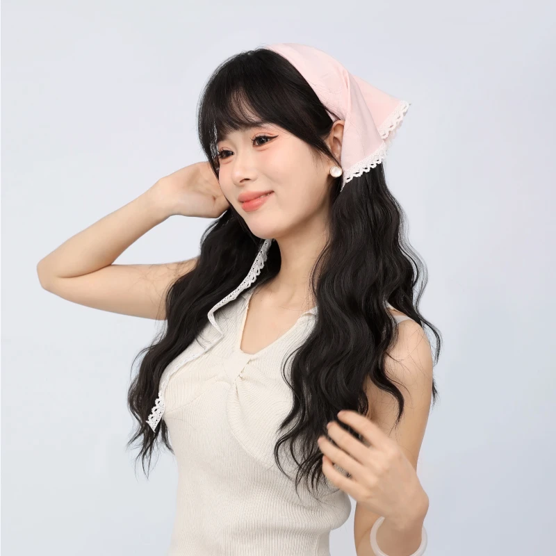 LUCYLEE春夏出游法式少女镂空头巾绑带假发接发片长直卷发百搭
