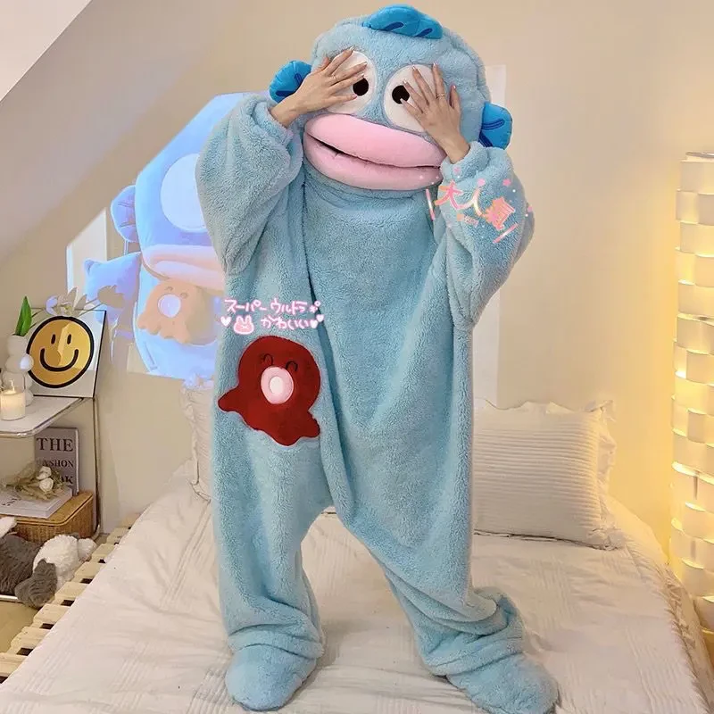 丑鱼汉顿可爱搞怪连体情侣睡衣男女冬季加绒加厚珊瑚绒卡通家居服