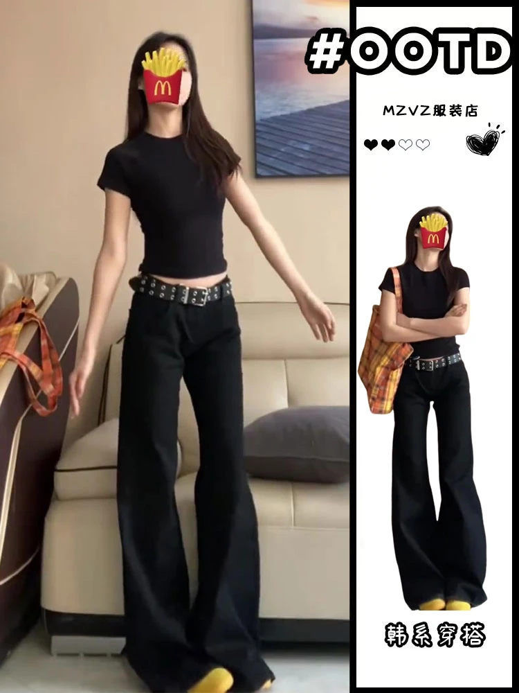 大码美式复古黑色微喇牛仔裤女夏季辣妹低腰喇叭显瘦阔腿拖地时尚