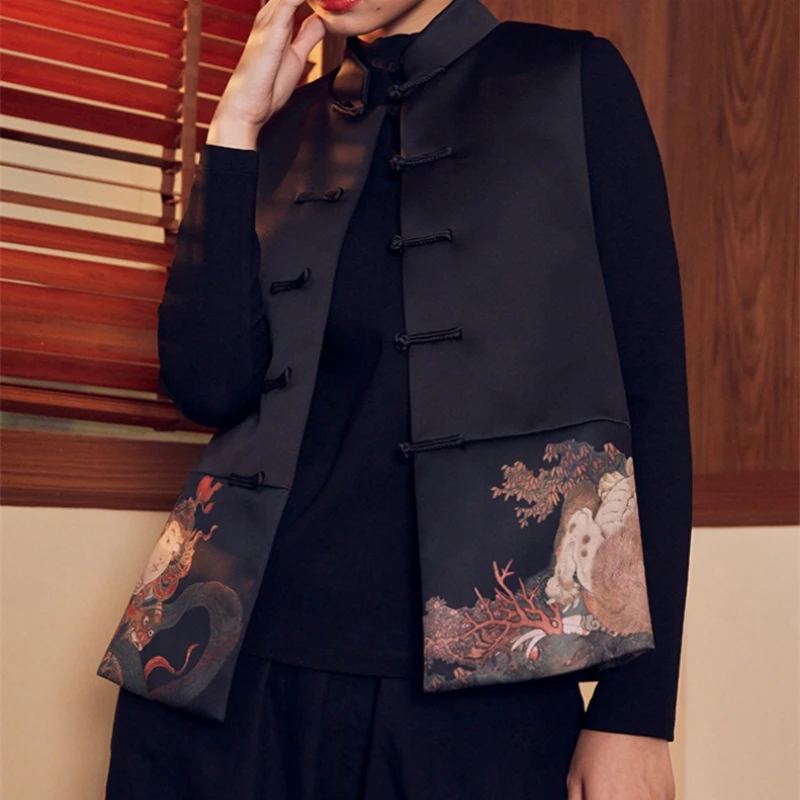 中国风复古立领百搭夹棉马夹上衣女秋冬中式无袖盘扣外搭加棉马甲