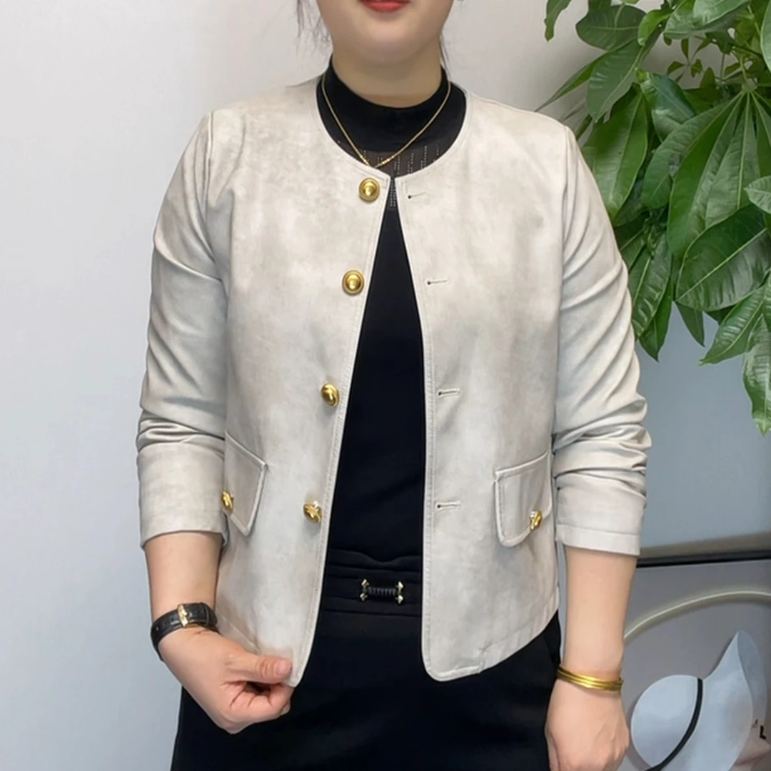 2024女士春季新款时尚洋气休闲百搭显瘦短款圆领皮衣女外套8839