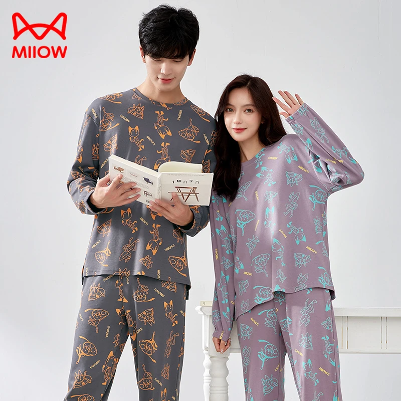 MiiOW/猫人【A类 一等品100%纯棉】满印情侣长袖套头睡衣家居服套装