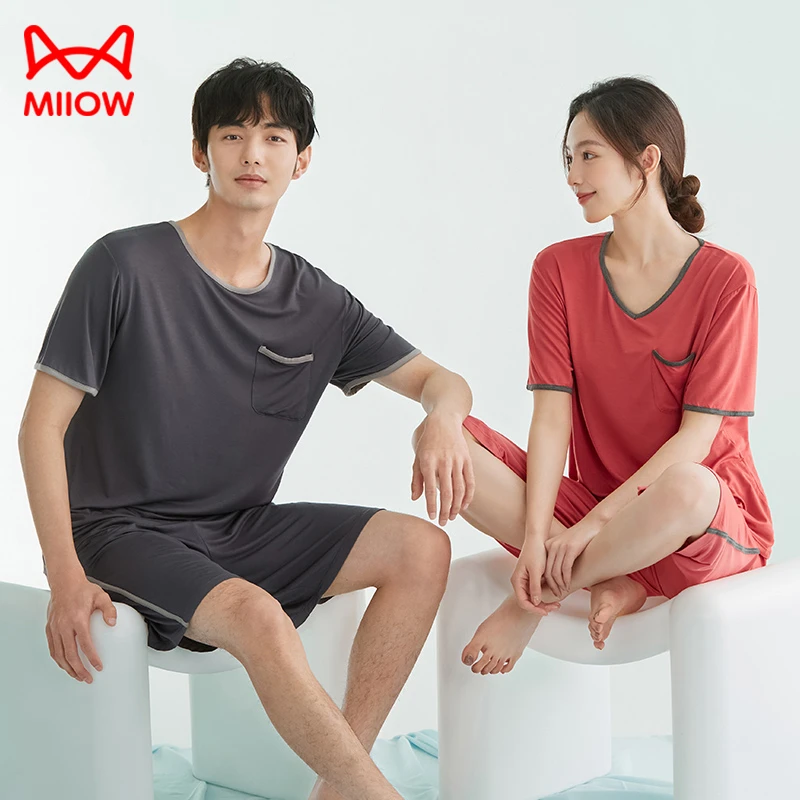 MiiOW/猫人【A类 一等品莫代尔】春秋季新款宽松情侣睡衣家居服套装