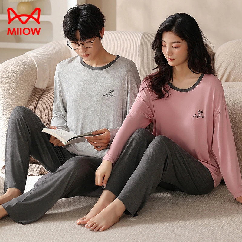 MiiOW/猫人【A类 一等品莫代尔】春秋新款简约情侣睡衣家居服套装