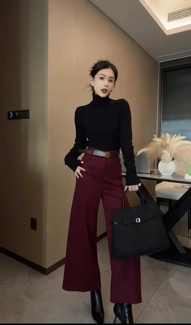 26672加绒爆款毛呢复合超柔银狐绒九分靴裤高腰显瘦西装裤阔腿裤