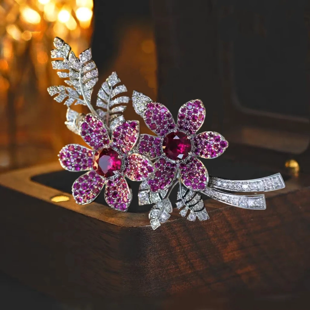 铜合成锆石胸针 高品质轻奢重工高级感花朵胸针旗袍配饰胸花别针