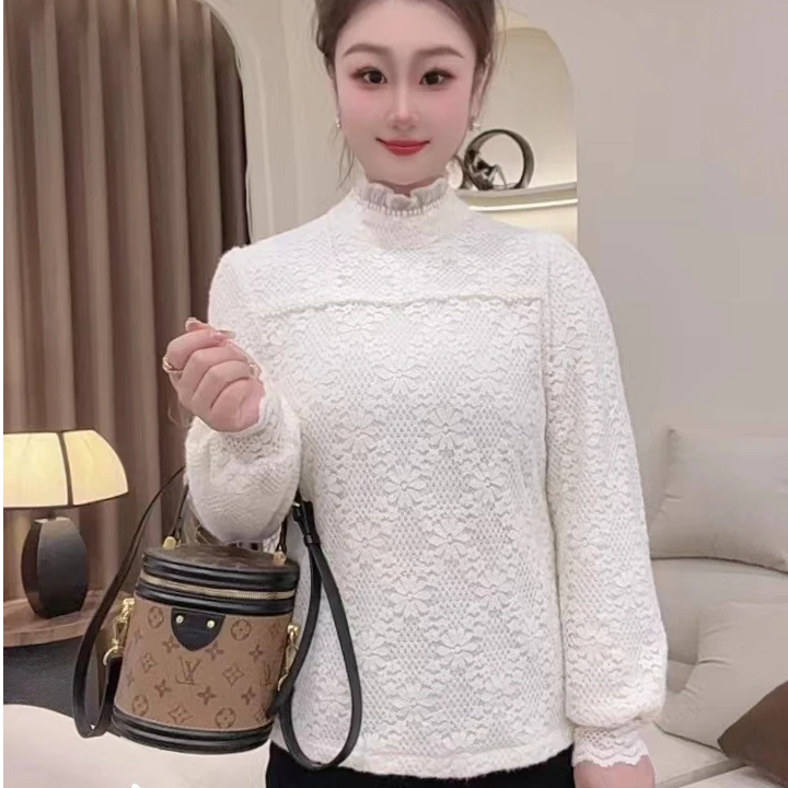 女士冬季2024新款半领加绒加厚内搭打底重工钉珠钩花上衣