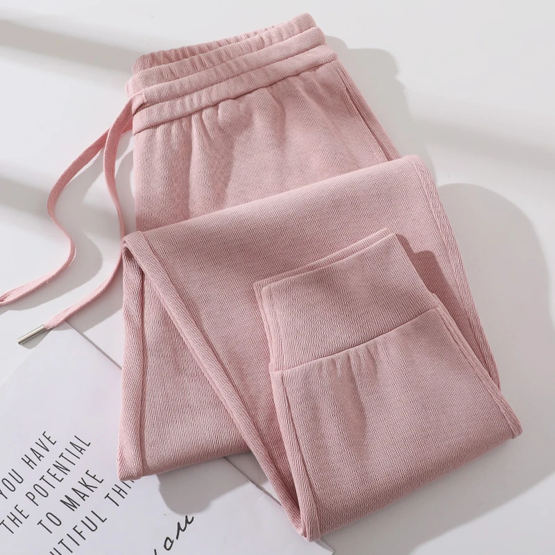 虾粉色卫裤女宽松束脚长裤春秋季新款九分休闲裤子高端大码运动裤