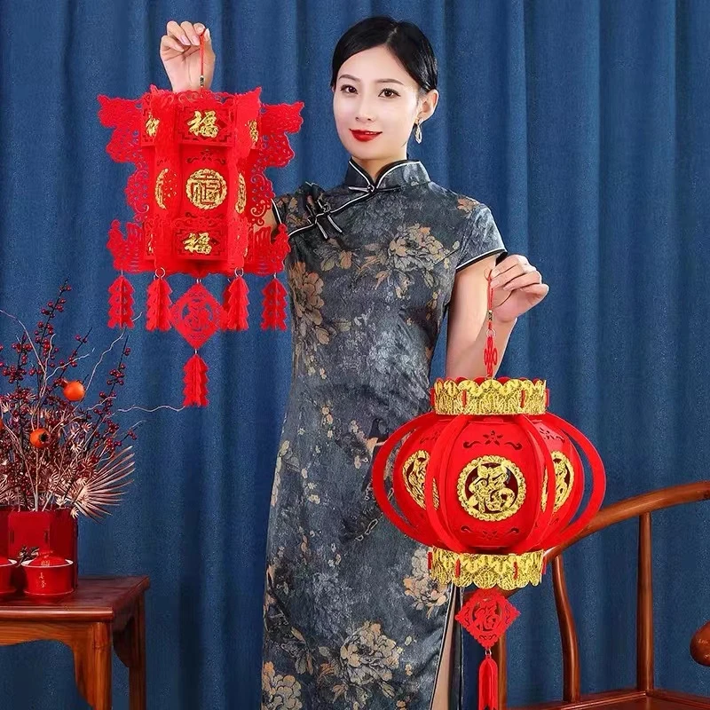 （新）新年福字宫灯无纺布植绒贴金福灯笼春节挂饰吊顶镂空喜庆装饰