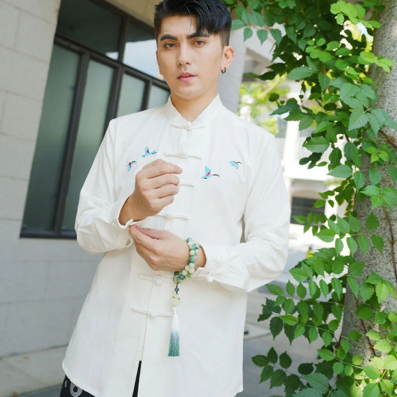 唐装衬衫男春秋季中国风唐装青年宽松休闲棉麻长袖衬衣中式打底衫