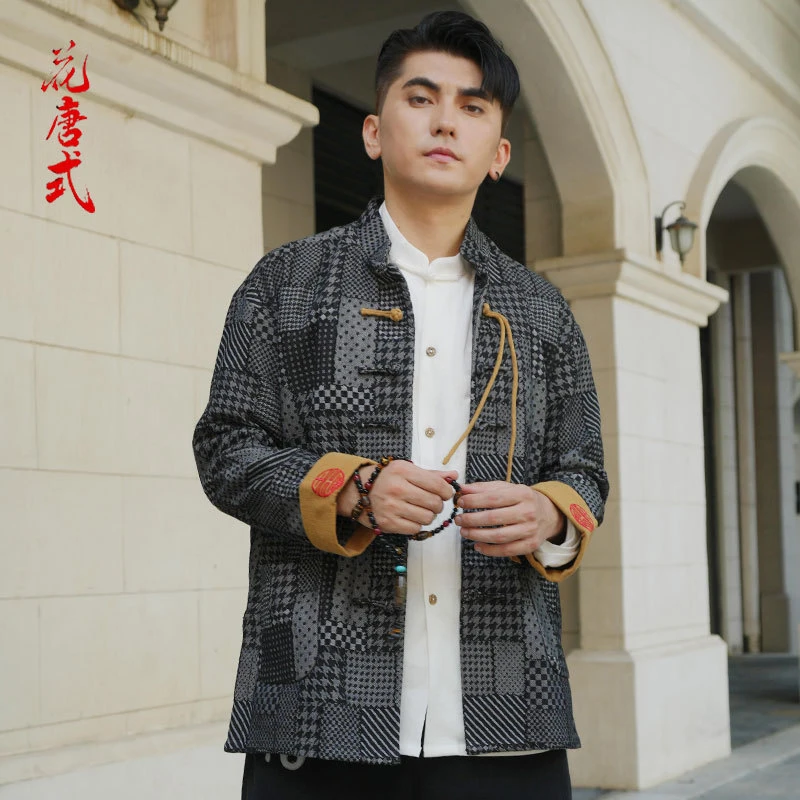 秋季唐装男中式国潮手工盘扣牛仔外套男复古方块提花中国风上衣男