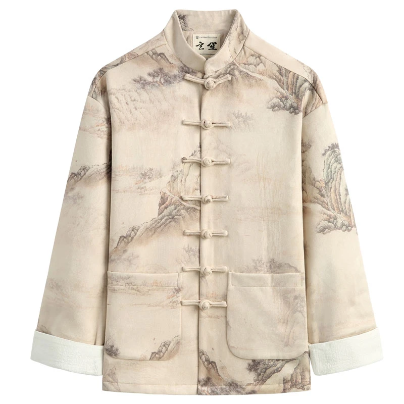 唐装男秋冬新款中国风男装国潮山水印花上衣中式手工盘扣立领外套