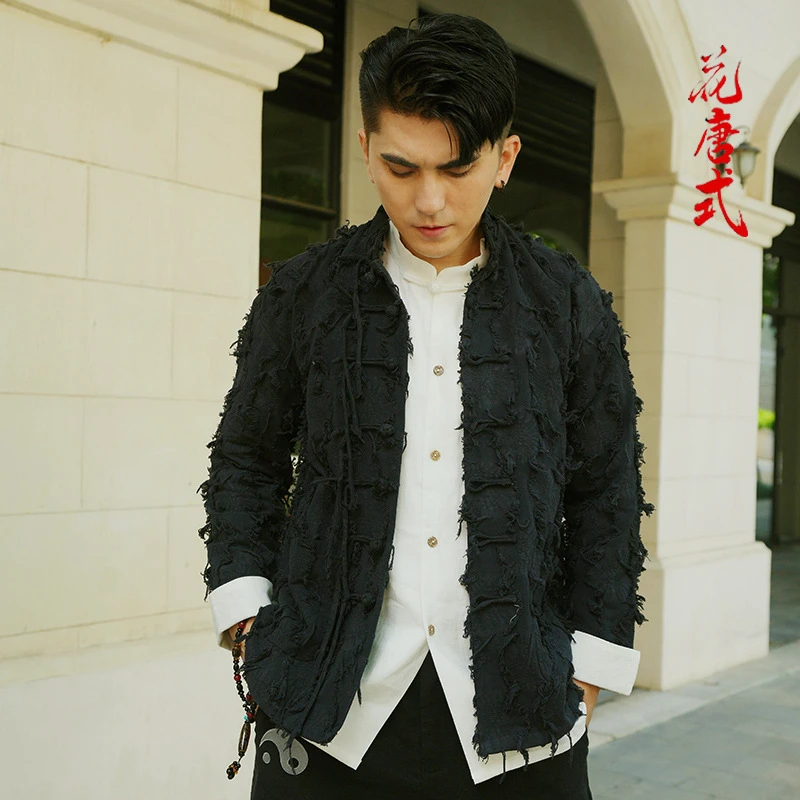 春秋季新款中国风唐装外套男新款中式改良长袖条绒盘扣棉麻上衣男