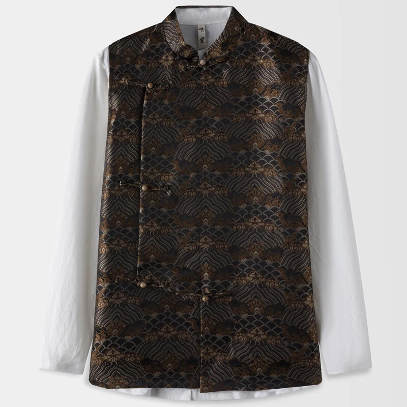 玄笙秋季唐装男无袖坎肩男士宽松国潮海水纹提花背心马褂中国风马