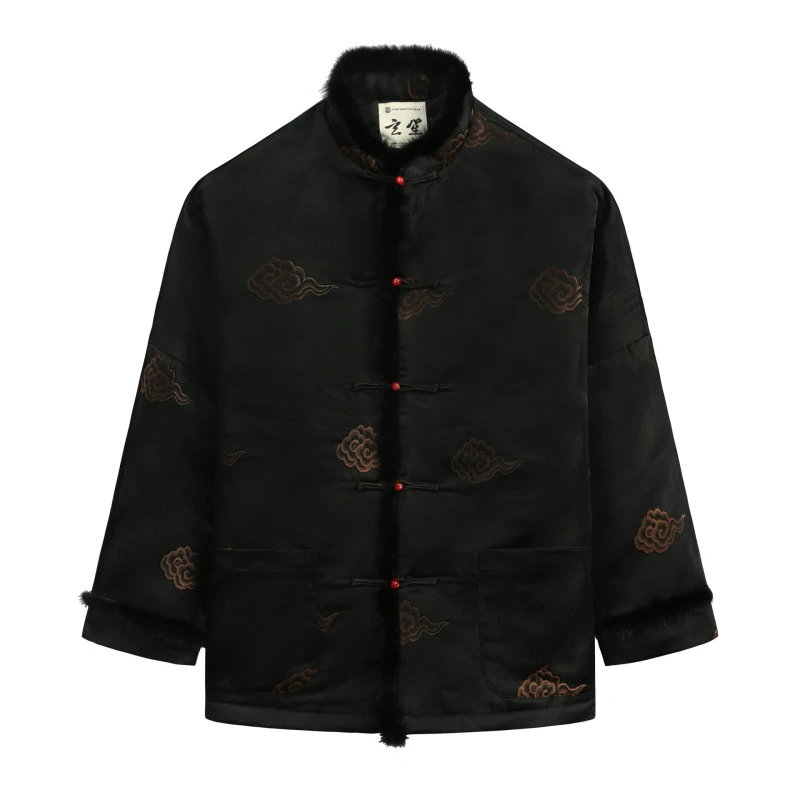 中国风男装唐装男冬季加厚水貂领祥云压花棉服男士盘扣棉衣上衣男