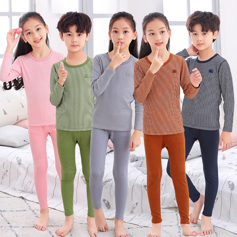 儿童条纹保暖内衣套装男童女童中大童秋衣秋裤加厚加绒德打底秋冬