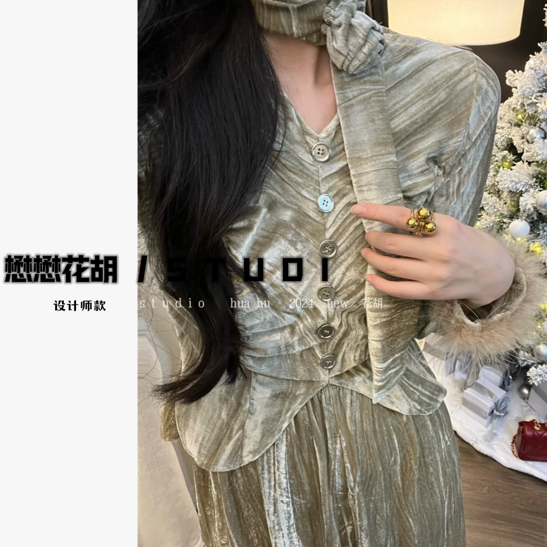 【无人区玫瑰】法式立体花朵飘带褶皱长袖上衣➕半身裙套装new