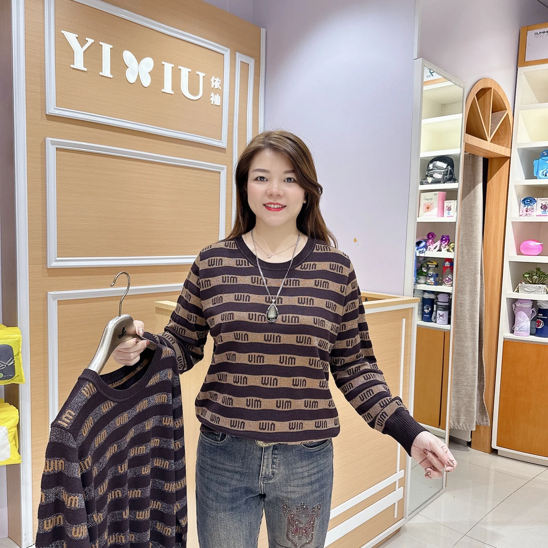 休闲大版毛衣6-1601秋冬百搭圆领条纹宽松减龄长袖毛衣