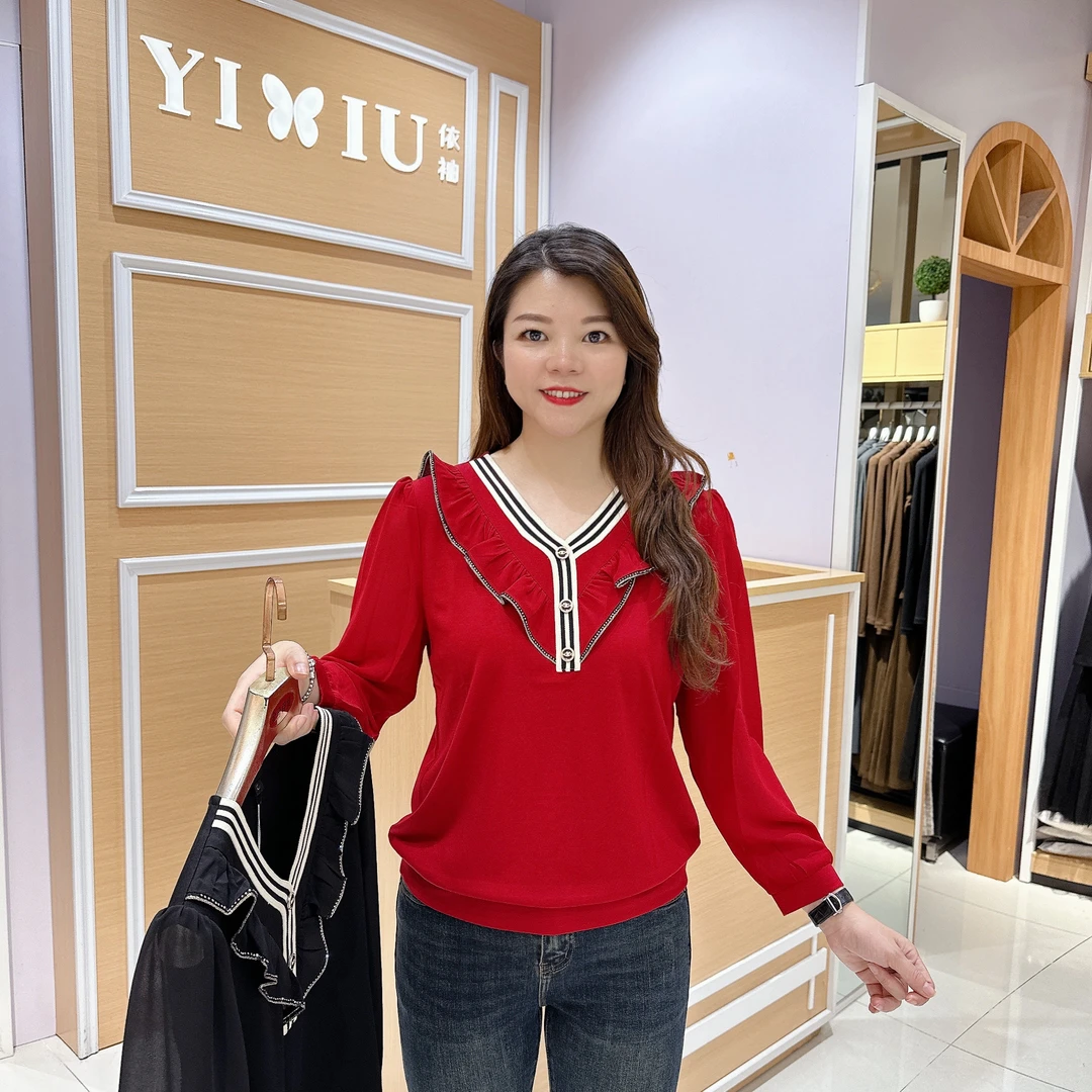 女人味大版上衣 6-1808女士秋季遮肉显瘦休闲长袖T恤大码女装