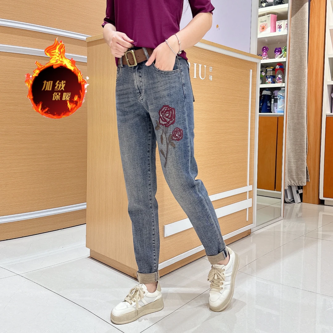 秋冬刺绣烫钻牛仔裤5-7291薄绒磨毛休闲时尚花图案女/长95厘米