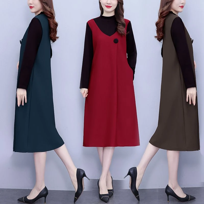 秋冬高档连衣裙时尚假两件长袖宽松漂亮妈妈洋气减龄过膝a字长裙