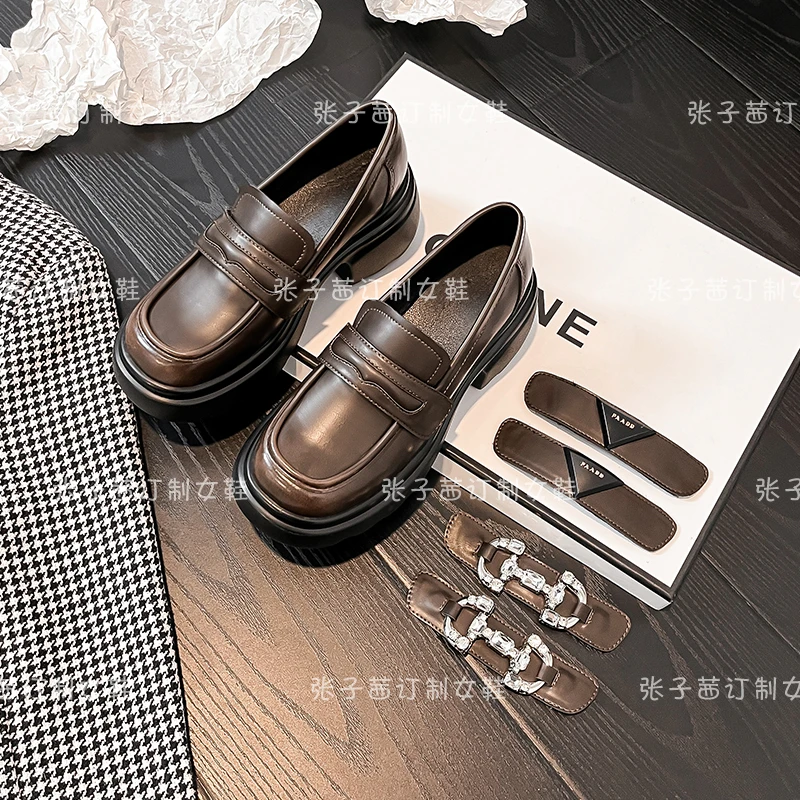 黑色厚底小皮鞋圆头百搭魔术贴英伦风乐福鞋增高松糕底单鞋