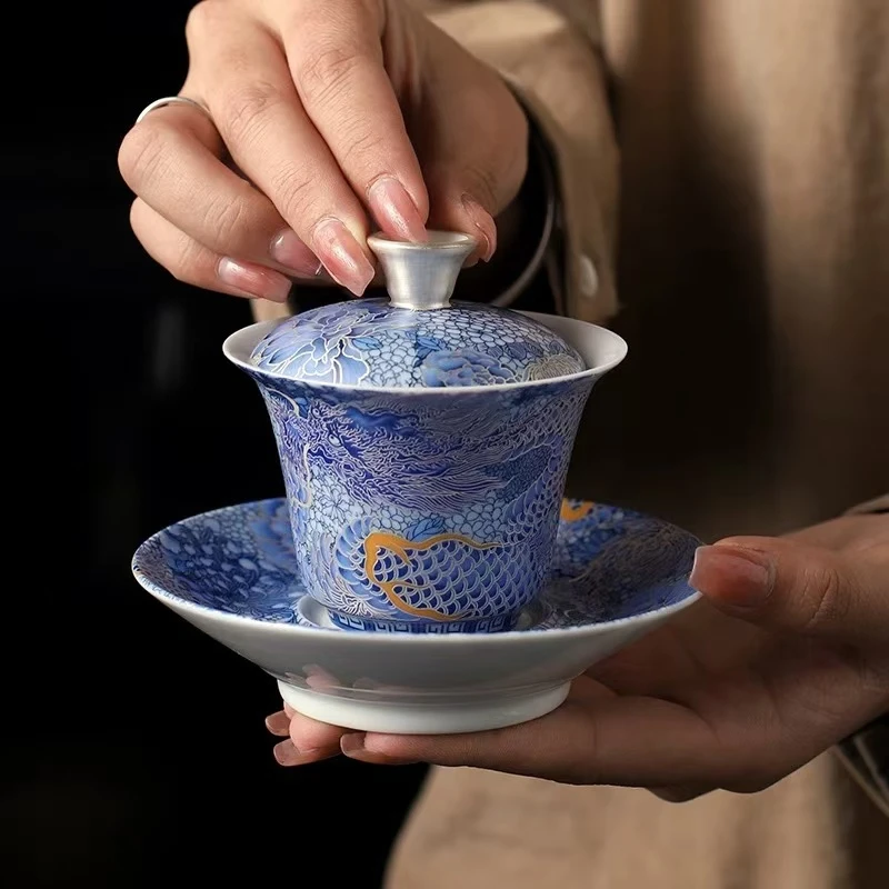 掐丝银龙腾瑞气盖碗茶杯陶瓷功夫茶具家用送礼高档茶器防烫中式