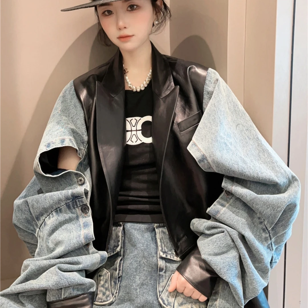 宽松休闲少年感皮外套2025春季新款时尚拼接复古牛仔袖皮衣女