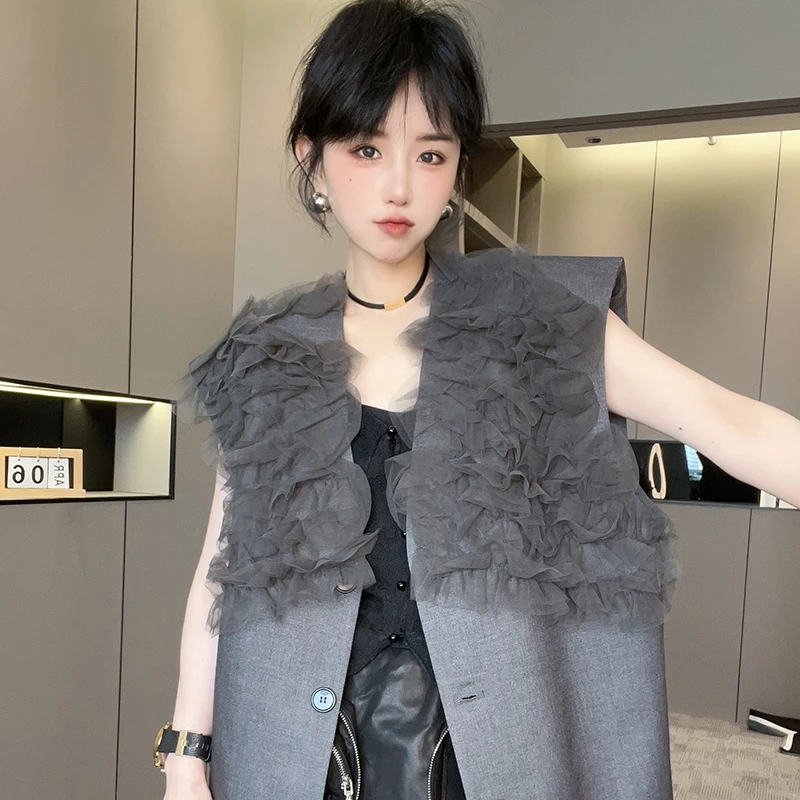 马甲女2025春季新款设计感网纱拼接中长款单排扣外套纯色无袖上衣