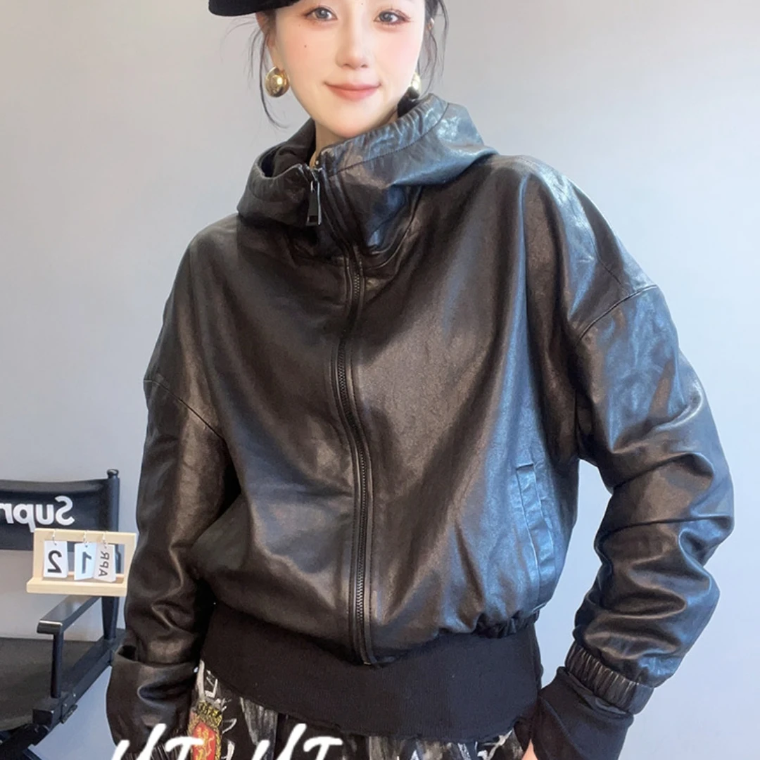 宽松休闲皮衣长袖连帽纯色韩版皮衣外套女2025春季新款欧洲站上衣