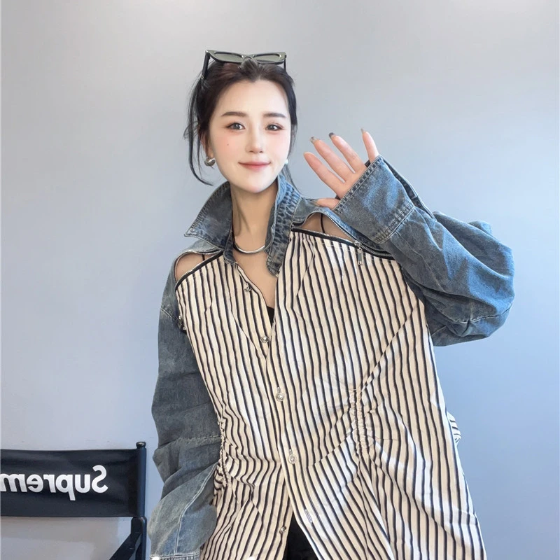 牛仔袖拼接中长款单排扣露肩条纹衬衫女百搭衬衣长袖2025春夏新款