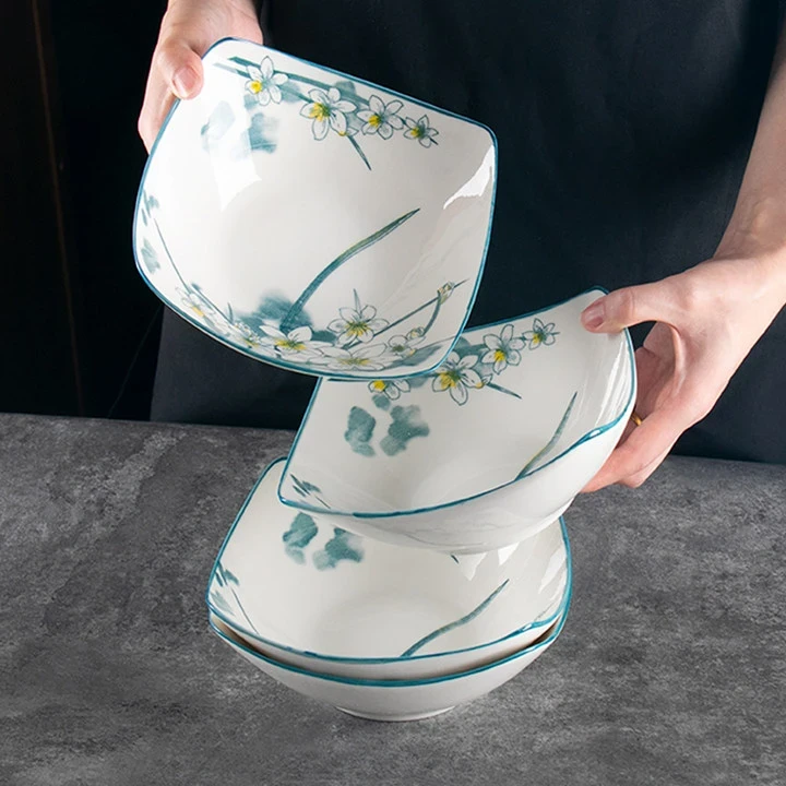 【陶园春】水仙花6个装8英寸四角碗中式家用高温釉下彩陶瓷碗