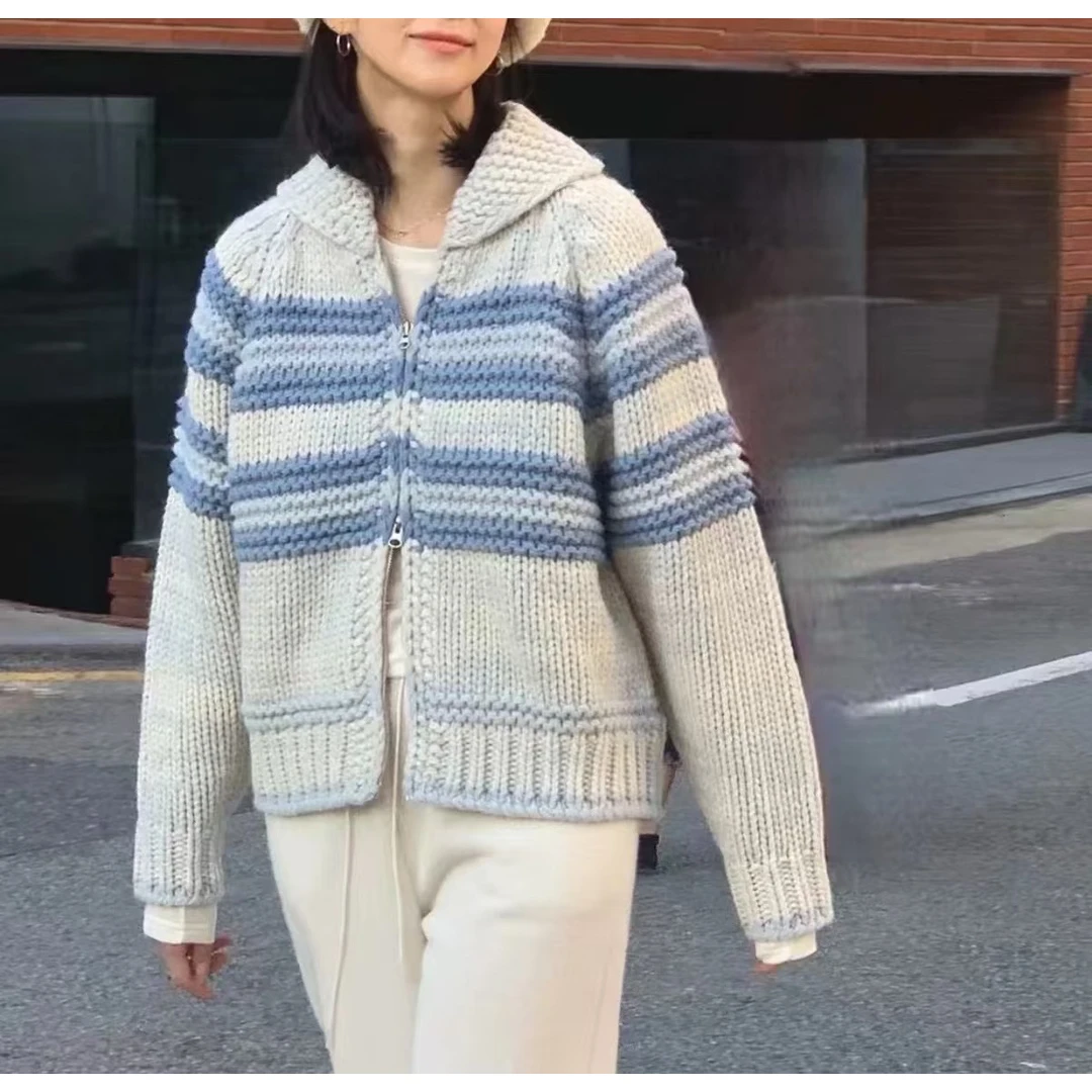 【雅集】慵懒风奶呼呼撞色提花针织毛衣女款冬拉链开衫上衣.Y7425