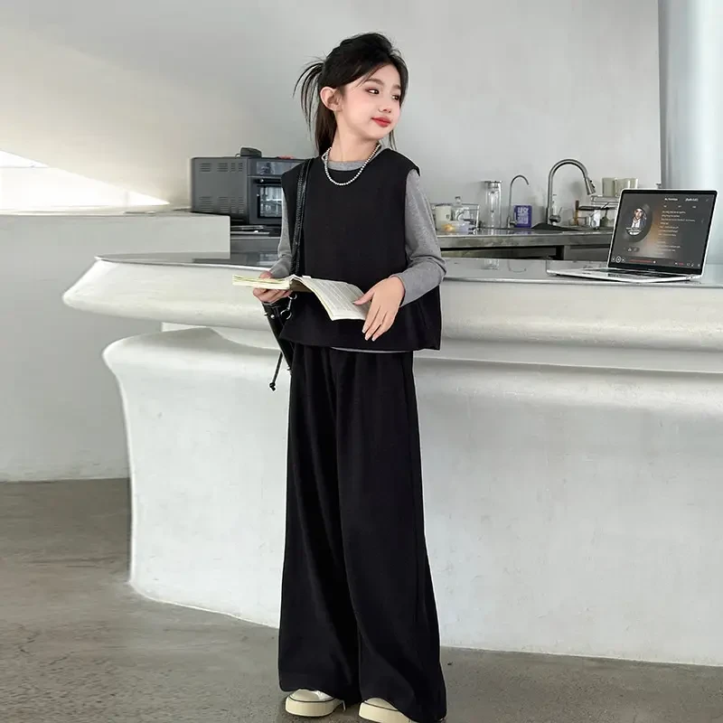 女童春秋套装2025新款6-12岁15岁中大童装洋气潮流休闲毛呢三件套