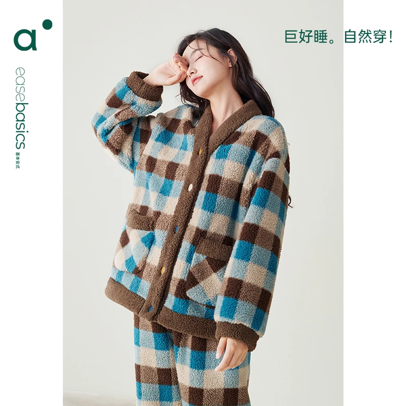 安之伴【巨保暖北羔绒】V领格子睡衣女秋冬款家居服套装82441321513