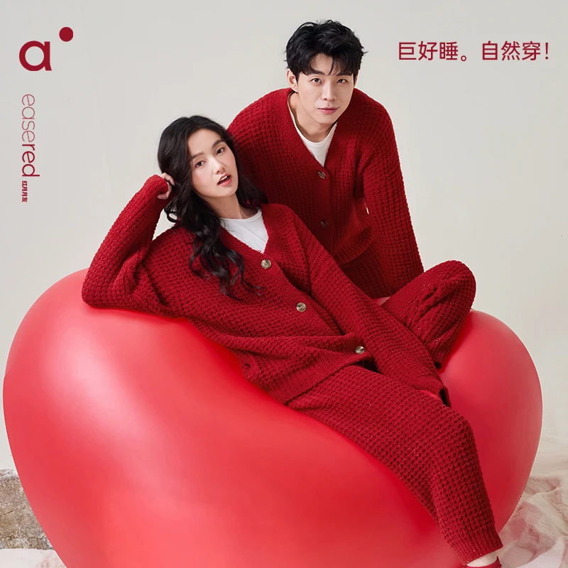 安之伴本命年加绒情侣睡衣女秋冬红色男士家居服套装82441321527