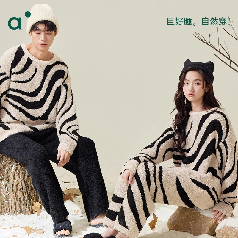 安之伴半边绒情侣条纹睡衣男女士秋冬家居服套头套装82441321877