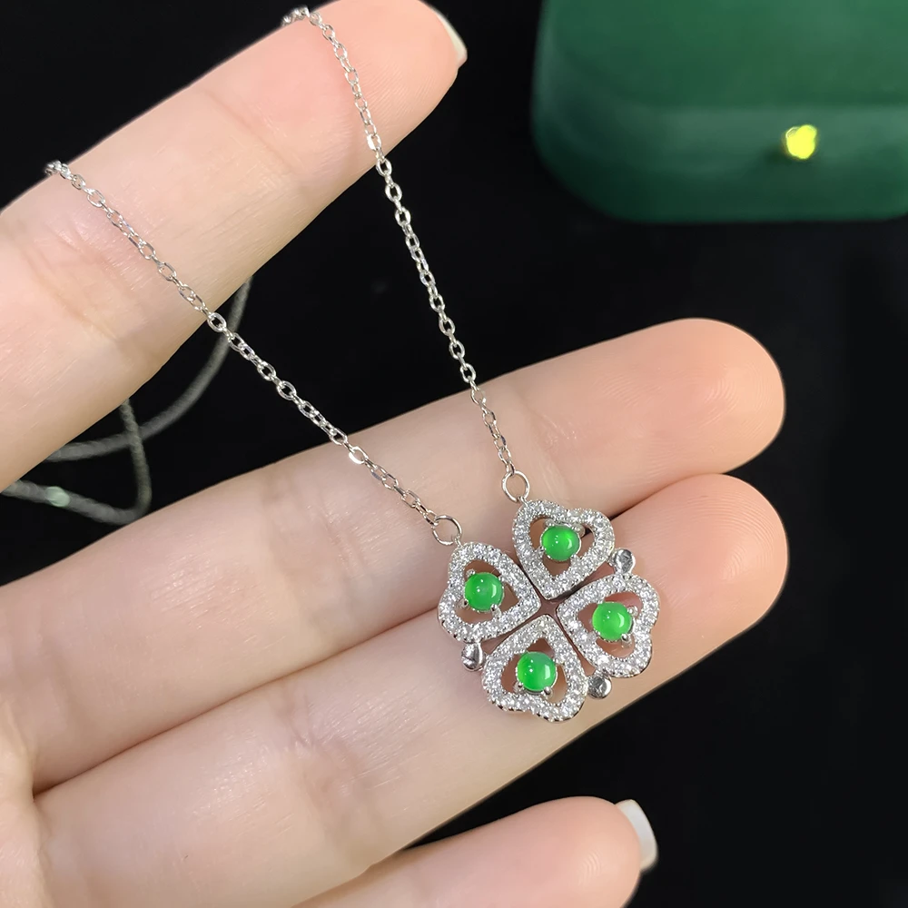天然翡翠A货S925满色蛋面四叶草项链31400多样性发货发其一精致