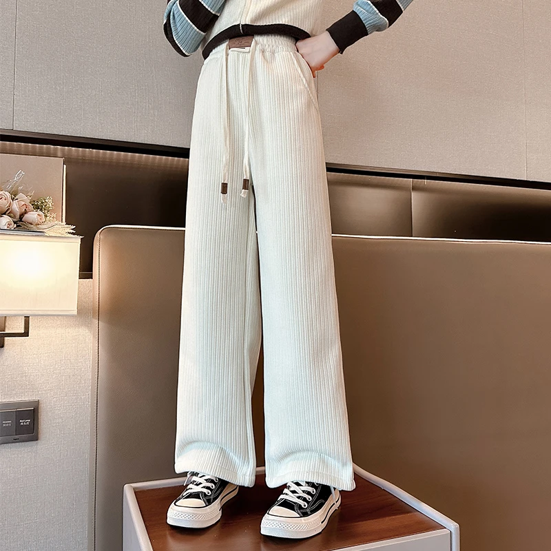 女童加绒阔腿裤秋冬季2023新款中大童宽松休闲加厚长裤儿童装裤子