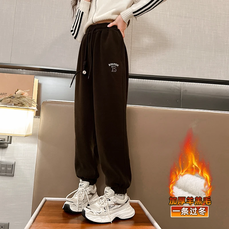 女童加绒裤子冬季2023新款中大童一条过冬棉裤儿童加厚束脚卫裤