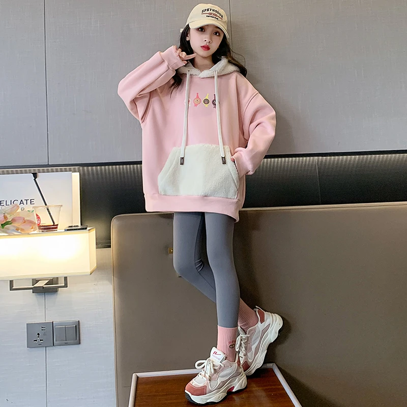 女童加绒卫衣秋冬款2023新款洋气儿童冬装加厚小女孩冬季连帽上衣