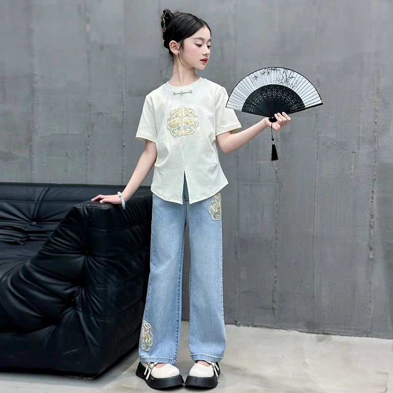 女童新中式牛仔裤套装2024春夏新款中大童洋气儿童国风短袖两件套