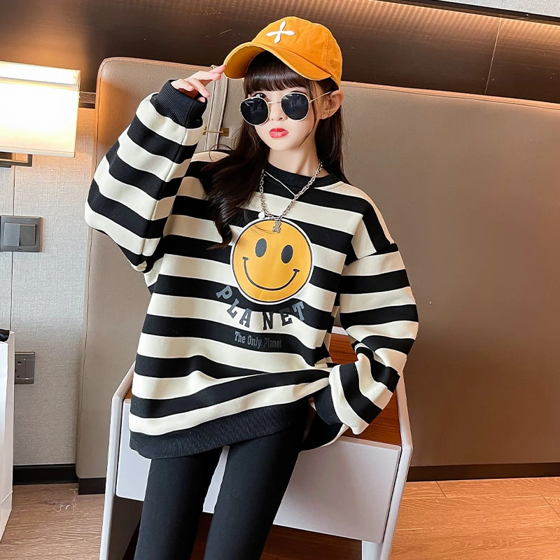 女童卫衣加绒秋冬款2023新款洋气中大童上衣儿童中长款韩版打底衫