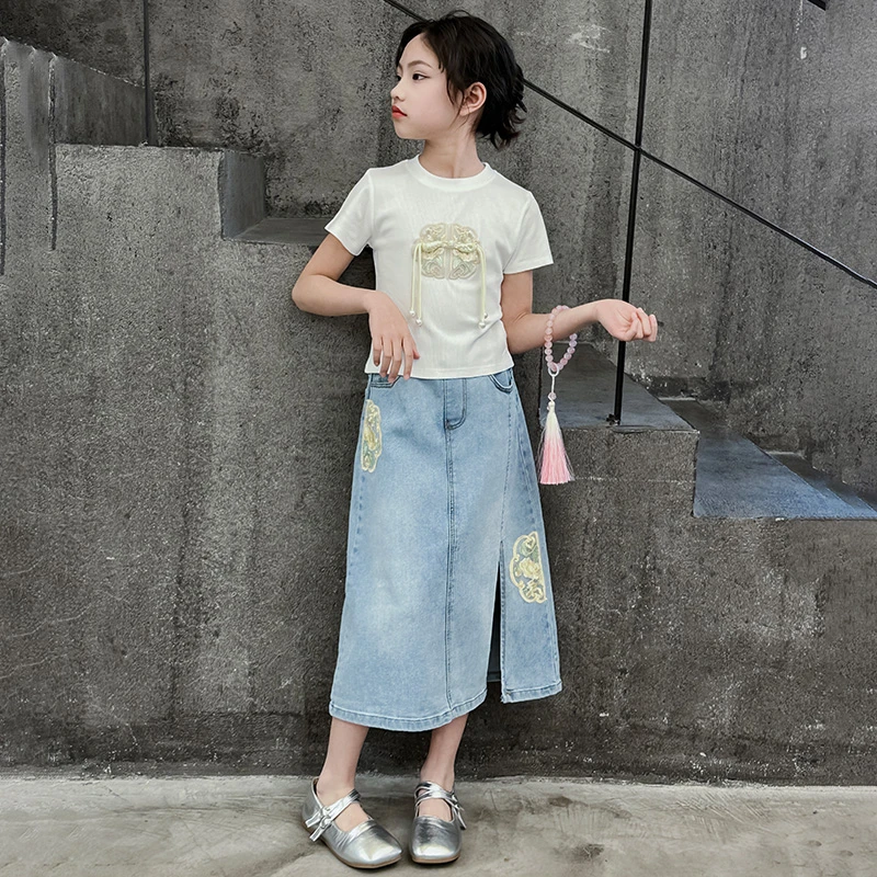 女童夏装国风套装夏装新款新中式女大童短袖T恤牛仔裙洋气两件套