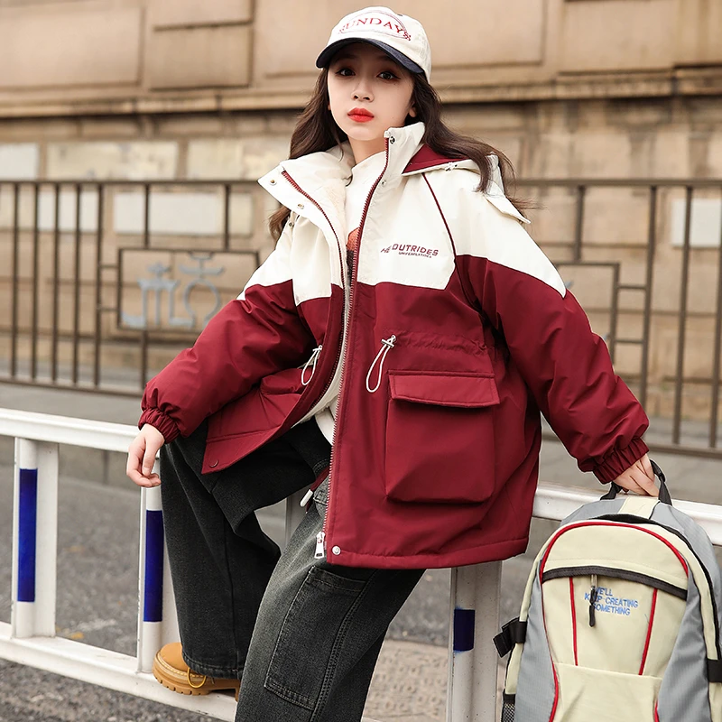 女童加绒外套2023秋冬新款儿童冲锋衣冬季加厚棉服女孩洋气派克服