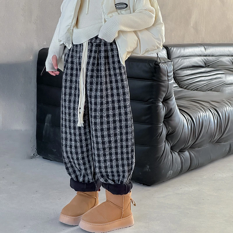 女童秋冬加绒裤子2023新款加厚格子萝卜裤儿童韩版一体绒休闲裤潮