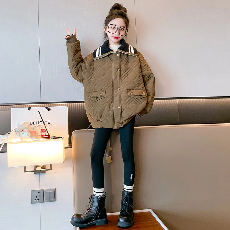 女童棉衣外套秋冬2023新款中大童洋气翻领夹棉上衣儿童加绒棉服冬