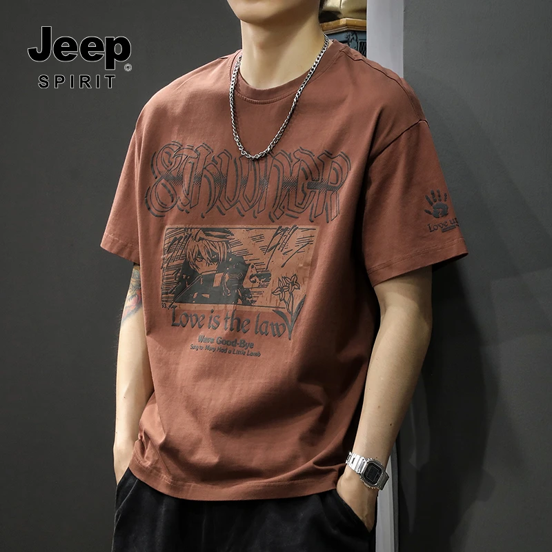 Jeep2024重磅纯棉短袖t恤男宽松大码夏季ins潮流新款印花半袖体恤