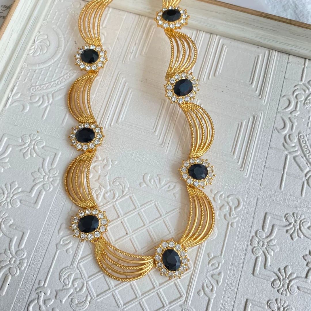 铜合金合成锆石项链 复古宫廷法式赫本风花边满锆项链耳钉耳夹